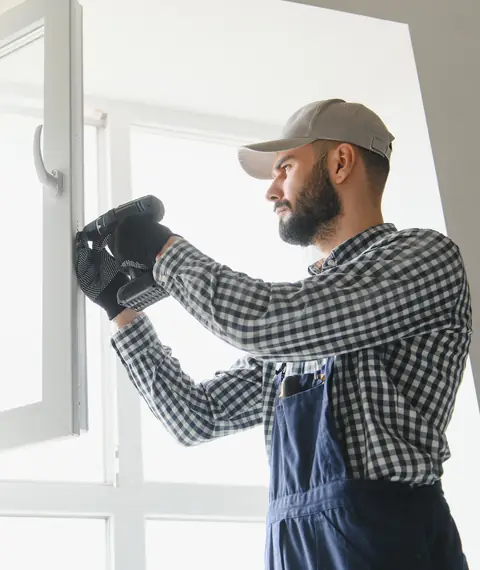 Ein Monteur in Latzhose stellt einen neu eingebauten Fensterflügel ein.