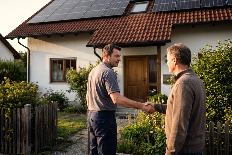 Ein Handwerker und ein Hausbesitzer geben sich vor einem Einfamilienhaus mit Solardach die Hand.
