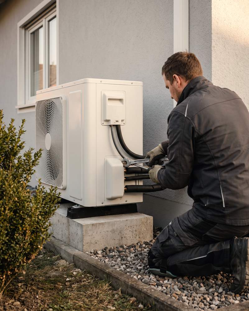 Ein Installateur schließt die Leitungen an das Außengerät einer Wärmepumpe an der Hauswand an.