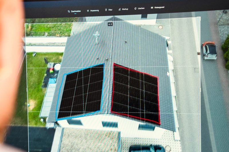 Blick über die Schulter auf einen Bildschirm: Drohnenbild eines Einfamilienhauses, auf beiden Dachseiten sind Solarmodule eingezeichnet.
